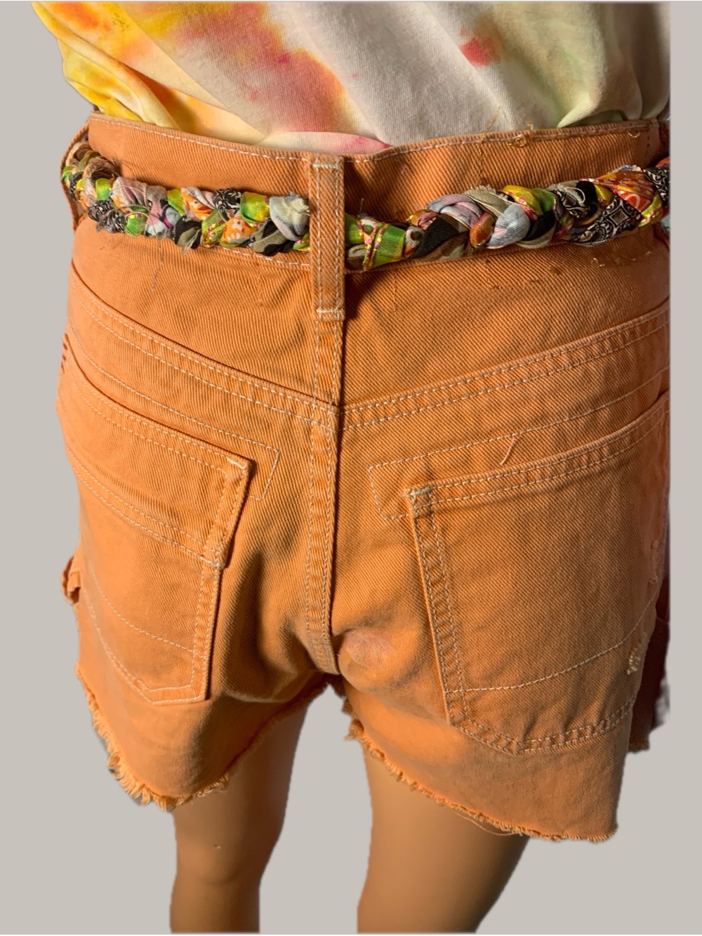 Boho Tan Patch Pocket Jean Shorts with Decorative Trim - Picture 10 of 12